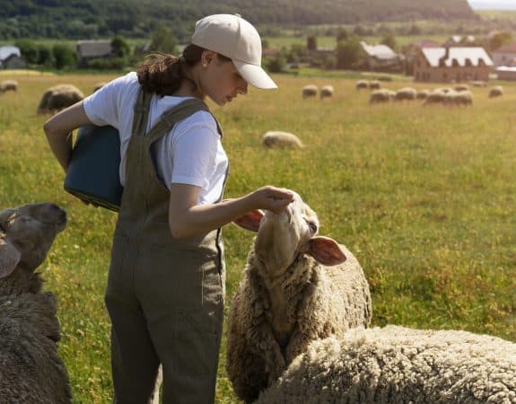 femme-berger-alimentation-mouton-vue-cote